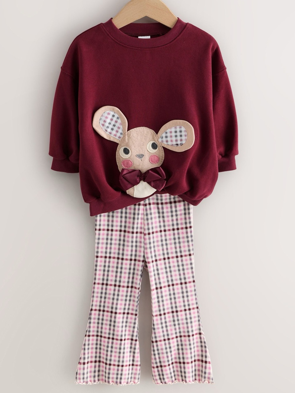 NEXT-Burgundy Red Check Mouse Sweatshirt and Flare Leggings Set.